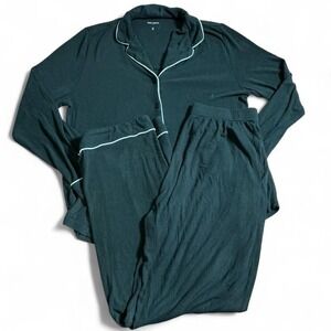 Cozy Earth Women Forest Green Bamboo Ribbed Pajama Set Long Sleeve Button Down S